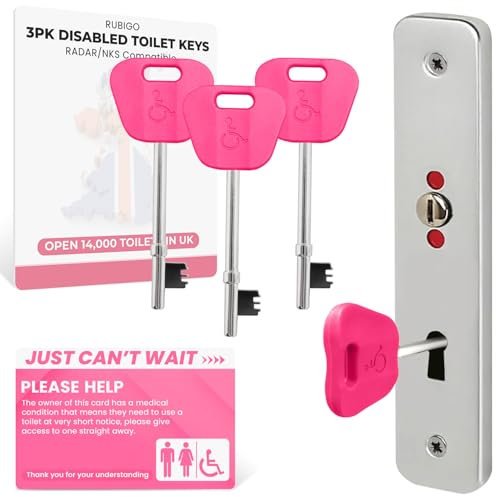 3PK Radar Key for Disabled Toilets UK, Disabled Toilet Keys with 'Just Can't Wait' Card RubiGo (Pink)