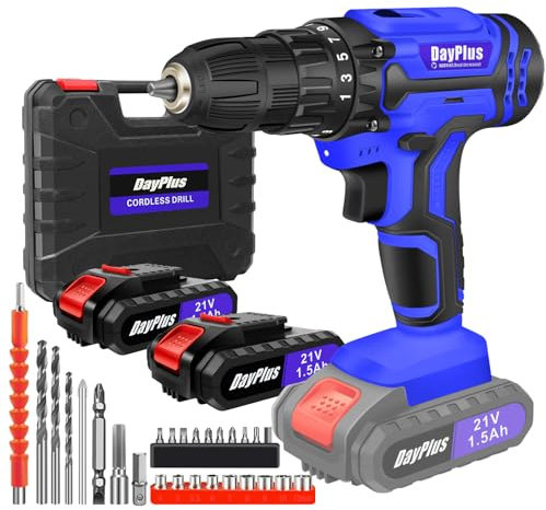 Akkuschrauber,Akku Bohrschrauber Set 21V,mit 2 * 1500mAh Akku & Schnellladegerät,45NmLeistungsstarke Motoren,25+1 Drehmomentstufen,2-Gang & LED, 26PCS Zubehöre Set für Haus und Garten DIY Projekt