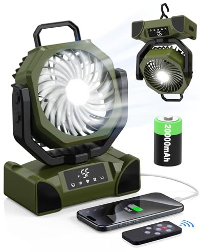 Ventilateur de Camping 20000mAh avec LED, Minuterie, Télécommande & Tactile, Oscillation Automatique, jusqu’à 69h, Ventilateur USB Rechargeable pour Tente, Bureau, Plage, Pêche
