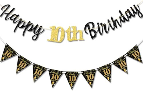 TOPWAYS Deko 10 Geburtstag Banner Mädchen Jungen, Schwarz Gold Geburtstagsdeko 10. Geburtstag Girlande Happy 10 Birthday Banner Wimpelkette für 10Geburtstag Jungen Mädchen Deko (Geburtstag10)