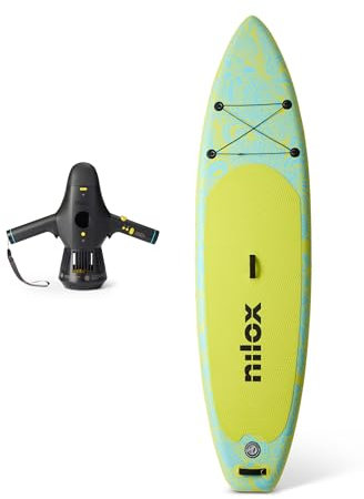 Nilox Set Tavola da Sup Gonfiabile con Scooter Acquatico Elettrico, Completo di Accessori con Zaino, Pagaia, Pompa, Leash, 3 Pinne, Velocità Fino a 5km/h, Tavola da 335x84x15cm