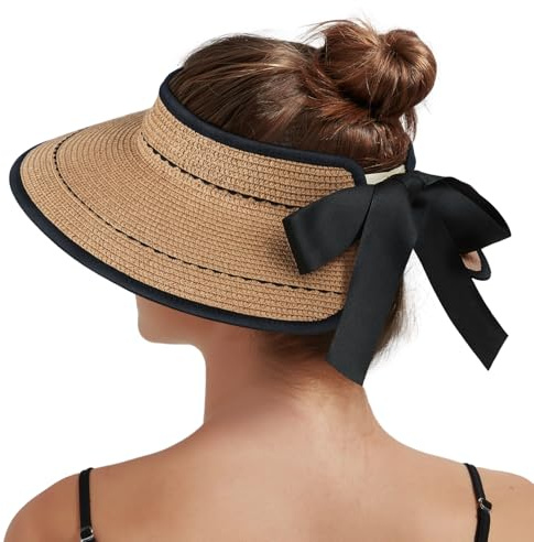 Creekstone Sun Visor Hats for Women Straw Visor Wide Brim UV Protection Packable Summer Beach Hat Ponytail Travel UPF 50+