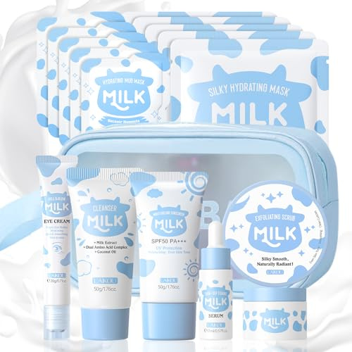 LAIKOU Milch Gesichtspflege Set, 8-teiliges Hautpflege Geschenkset Frauen | Reisegröße Skincare mit Gesichtsreiniger Serum Gesichtspeeling Feuchtigkeitsmaske, für Porentiefe Reinigung & Pflege
