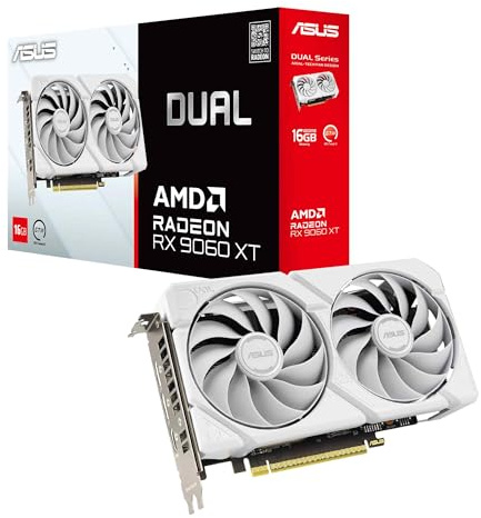 ASUS Dual Radeon RX 9060 XT 16GB GDDR6 White Edition – Carte Graphique (PCIe 5.0, HDMI 2.1b, DisplayPort 2.1a, 2.5 Slot, Ventilateurs axiaux, Technologie 0dB)