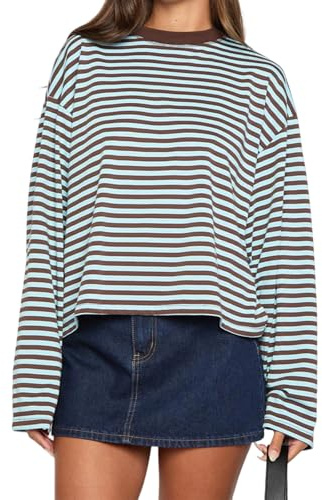 Women Striped T-Shirt, Y2k Long Sleeve Crew Neck Drop Shoulder Loose Basic Sweatshirt Fairy Grunge Tunic Tops Streetwear