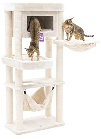 Petrebels Kratzbaum Mansion 150 cm hoch, mit Hängematte, Schlafhöhle und XL Sofa, Für mittelgroße Katzen, Farbe Beige/Creme