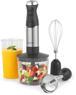 Salter Frullatore a immersione 3 in 1 600 W con tritatutto e bicchiere | Frusta e accessori frullatore acciaio inox, velocità variabile, ciotola 500 ml, bicchiere 700 ml con coperchio, rimovibili