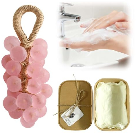 Kristall-Traubenseife, handgemachte Traubenseife am Seil, personalisierte, sanfte Reinigungsseifen, traubenförmige Seifen in Geschenkbox for Badezimmer, Händewaschen(Pink)