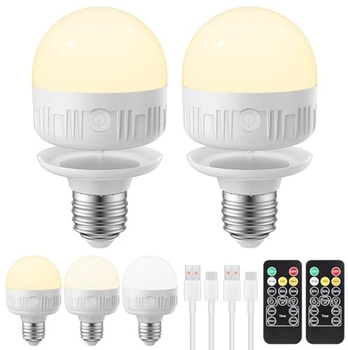 LGMCF E27 Wiederaufladbare Glühbirne, 8W, 3 Farben, Dimmbare, 2 Pack | Fernbedienung, Timing-funktion, Magnetfuß, Akku Glühbirne, LED Aufladbare Glühbirne, für nicht festverdrahtete Lampen