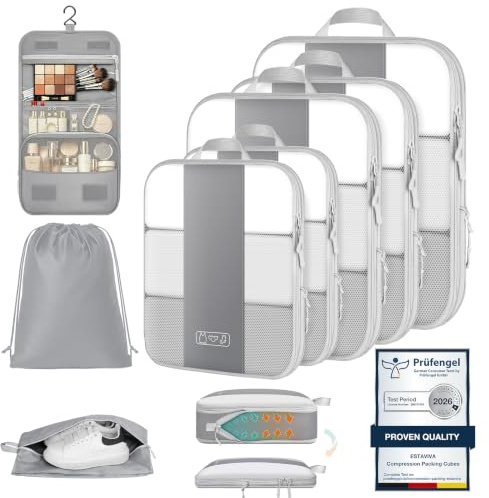 Estaviva Koffer Organizer mit Kompression, 8 Stück Packing Cubes für Koffer und Rucksack – wasserabweisende Packwürfel aus recyceltem RPET, Reise Organizer für Handgepäck & Reisen