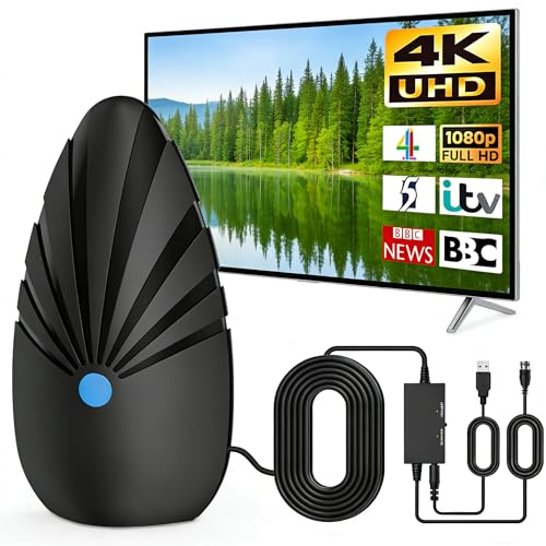 2026 Upgraded Indoor TV Aerial with Signal Booster, 350 Miles Range Freeview Digital Antenna, Supports 4K 1080P HD, USB Powered for All UK Smart & Old TVs