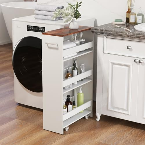 COSTWAY Nischenwagen 20cm breit, Nischenregal Badregal 4 Etagen, Nischenschrank auf Rollen, Servierwagen schmal, Küchenwagen mit Griff & Geländern, Rollwagen Bad, Holz, 47,5x20x80,5cm, Weiß+Braun