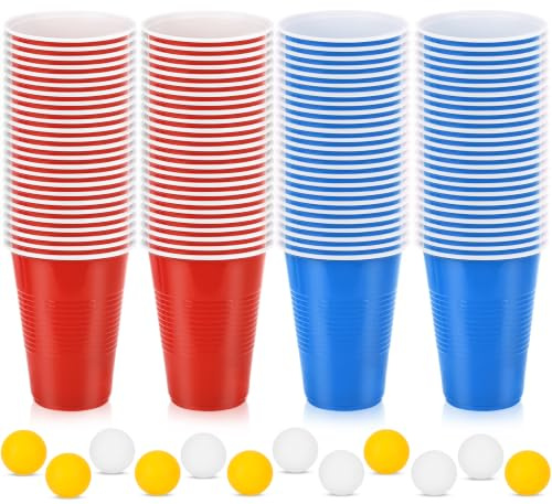 Frasheng Beerpong Lot de 100 gobelets réutilisables en plastique rouge et bleu de 473 ml avec 12 balles, pour Noël, anniversaire, mariage, festivals