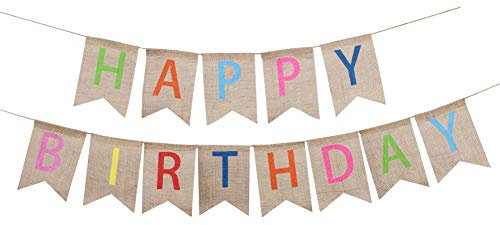 Soleebee Happy Birthday Geburtstag Sackleinen Banner, perfekte DIY Dekoration Dreieck Flagge Wimpelkette für Hochzeit, Babydusche, Geburtstag, Party und Anderen Feiern (Bunt)