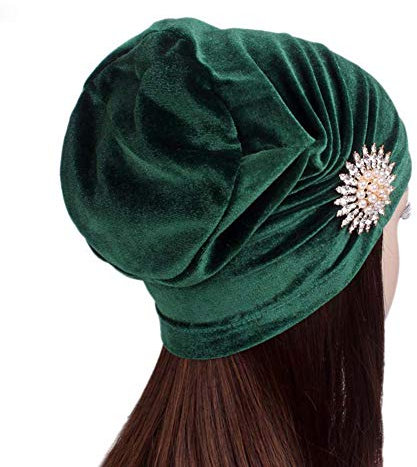 MoreChioce Damen Samt Turban Hut mit Kristall,Retro Blume Kopftuch 1920s Beanie Strass Mütze Muslim Haarband Elastische Kopfbedeckung Kopf Wraps Glitzer Kopfschmuck Gatsby Accessoires,Grün