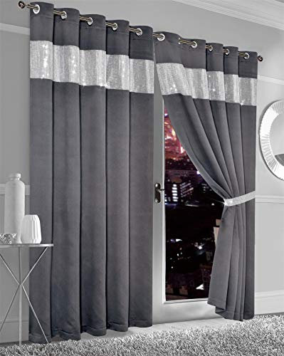 Olivia Rocco Diamante Blackout Eyelet Curtains With Tie Backs Black Out Thermal Ring Top Curtain Pair Window Dressing, 90 (Width) x 90 (Drop) Charcoal