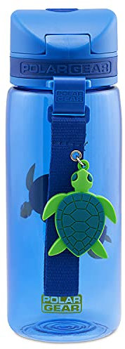 Polar Gear Kids Flip Cap Bottle – 550ml Tritan Turtle Bottle with Detachable Carry Strap – Wide Neck Drinking Water Bottle with Dust Cover Lid – BPA Free & Reusable – for School & Sports – Blue