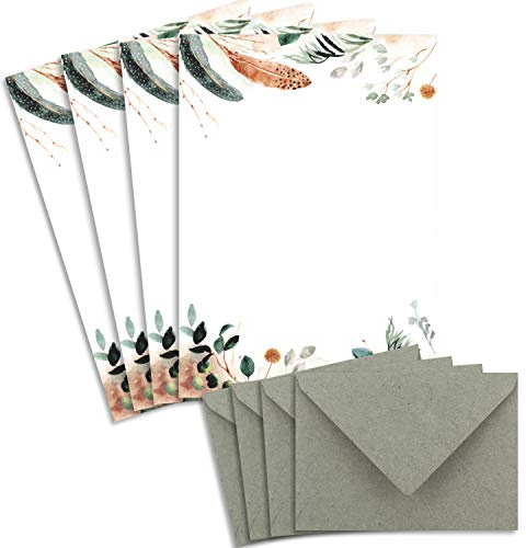 25 Briefbogen-Sets DIN A4 - Naturpapier in Creme Natur Potpourri mit Federn und Zweigen - mit Briefumschlägen DIN C6 in Kraftpapier Grau/Grün Briefpapier bedruckbar ideal für Hochzeitseinladungen