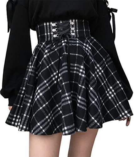 PADOLA Damen Faltenrock Karierter Winter A-Linie Minirock High Waist Plissee Schulmädchen Plaid Skirt Steampunk Gothic Schottenrock (Schwarz Weiß Plaid, XL)