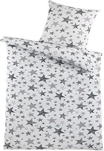 KH-Haushaltshandel Baumwoll Seersucker Bettwäsche, 135 x 200 + 80x80cm, weiß grau, Sterne, bügelfrei, 100% Baumwolle(W418090)