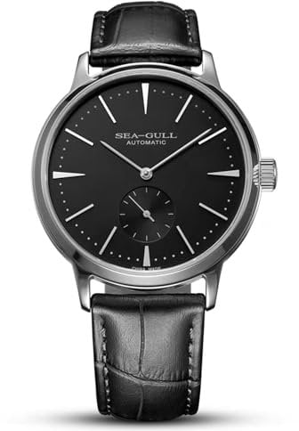 SEA-GULL Minimalistische Herrenuhr mit Lederband und Ersatzstahl-Uhrenarmband (Weiß/Silber), Schwarz/Silber, Einfach