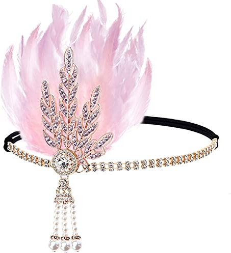 FERCAISH 1920er Jahre Flapper Stirnband - Brüllende 20er Rosa Feder Kristall Haarschmuck für Frauen Junggesellenabschied (Rosa)