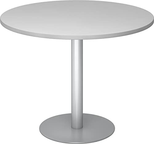 bümö Besprechungstisch, Esstisch klein, Tisch rund 100 cm - Kleiner Esstisch grau, Rundtisch Esstisch 2 Personen mit Holz-Platte, Säule aus Metall in Silber, Konferenztisch, Bistrotisch