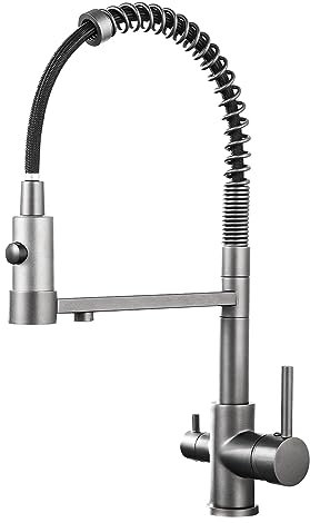 PLUSSEN 3 Wege Trinkwasserhahn Spiralfeder Küchearmatur, Wasserhahn Küche mit Brause ausziehbar, 3 in 1 Mischbatterie Armatur für Wasserfilter 360° Drehbar(Grau )