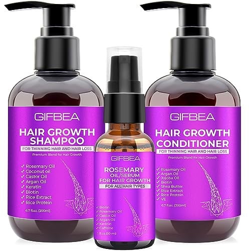 GIFBEA Hair Growth Shampoo and Conditioner Set with Rosemary Oil Serum, Biotin, Argan, Castor, Coconut, Keratin, Rice Water - Hair Loss Treatment, Thickening for Women and Men