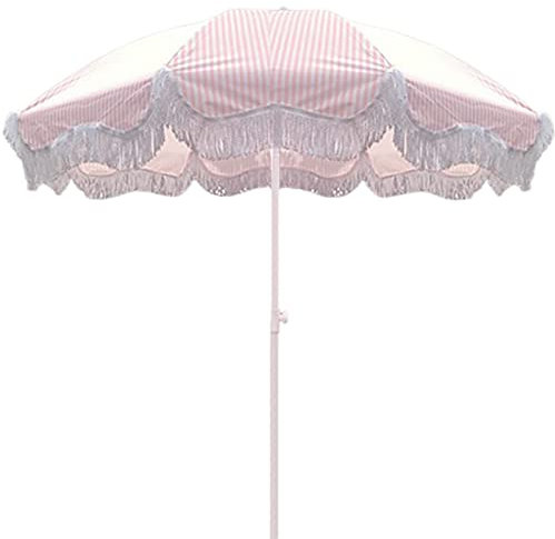 HZSCL Pink White Striped Garden Parasol With Tassel Tiltable Beach Umbrella Outdoor Patio Parasol Sunshade And Sun Protection White Umbrella Pole Without Base,2m (Size : Parasol+base)