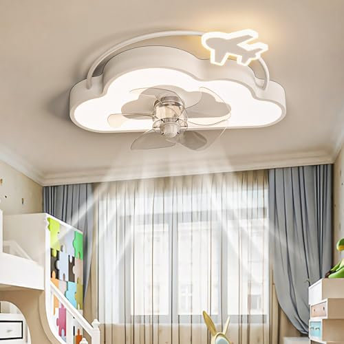 Niño Lampara De Techo Con Ventilador Reversible Dc Regulable Ventilador De Techo Con Luz 6 Velocidades Ceiling Fan with Light and Remote Control Para Cuarto De Niños-White Clouds