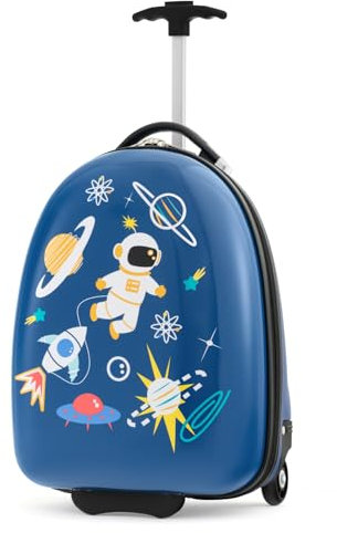 GOPLUS Kinderkoffer mit Rucksack, Kids Trolley, Kindergepäck mit Rollen, Reisekoffer mit Teleskopgriff, Hartschalenkoffer für Kinder, Kindertrolley Farbwahl (Blau-Astronauten, 16)