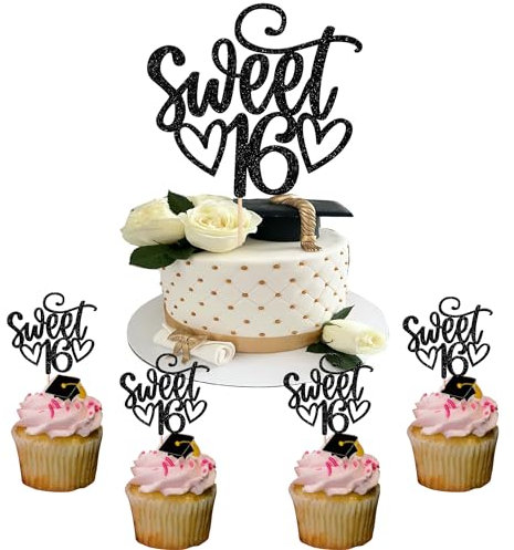 25 Stück Sweet 16 Tortendeko Glitzer Sweet Teenager 16 Cupcake Toppers Happy 16th Geburtstag Kuchen Deko für Jungen Mädchen 16 Jahre alt Geburtstag Party Kuchen Dekoendeko Schwarz