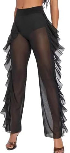 MIZSPISE Durchsichtig Hose Damen Cover Up Transparent Damen-Sommerhose, durchsichtig, Netzstoff, Rüschen, Strandunterteil (DE/NL/SE/PL, Alphanumerisch, L, Regular, Regular, Schwarz)