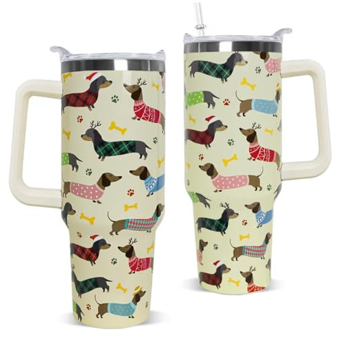 Nqhsionv Vaso de perro salchicha con asa y popote, 1,134.0 g, taza de Navidad, café, taza de viaje, taza de viaje de acero inoxidable, vaso aislado para perro, mamá, decoración de Navidad, regalos