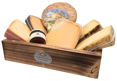 BAVAREGOLA Südtiroler Käse Geschenkekiste - Präsentkorb gefüllt mit 5 Käsevariationen, Feigensenf & Schüttelbrot - Genuss Geschenk für Männer & Frauen