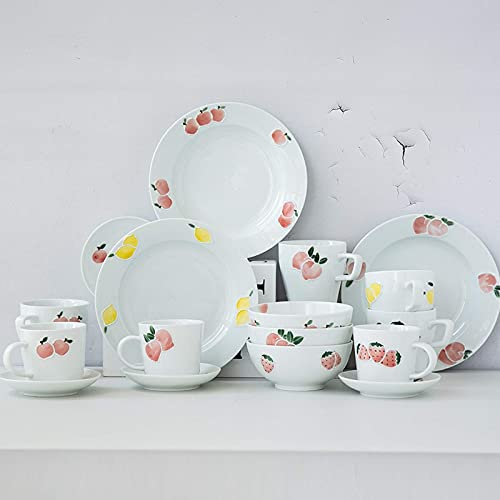 KWMAEEUID Teller- und Schüsselset aus Porzellan, High-End-Geschirrset, Keramik-Geschirrsets, handgefertigte Serie 28-teiliges Porzellan-Geschirrset | Müslischalen/Teller/Kaffeetasse mit Fruchtmuster