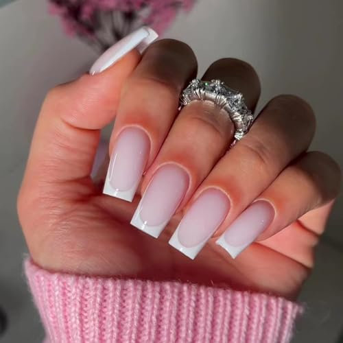 French Press On Nails - 24Pcs Square Fake Nails Short In 12 Sizes - Glossy White Gradient French Tip Stick on nails - Acrylic Full Cover Square False Nails with Glue for Women Girls