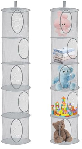 Hängeaufbewahrung, 2 Stück Faltbare Hängeaufbewahrung Organizer, 5 Fächer Hängeregal Mesh Hängende Netz-Aufbewahrungstasche, Kuscheltier Aufbewahrung Hängend Korb für Kinderzimmer Balkon(Grau)