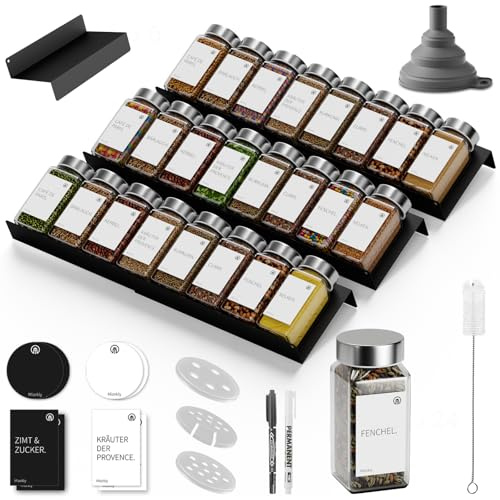 Miorkly Gewürzgläser mit Gewürzregal - 24 Eckige Edelstahl Gewürzdosen mit Etiketten (120ml) & 6pcs Metall-Gewürz Organizer,24 Edelstahldeckel
