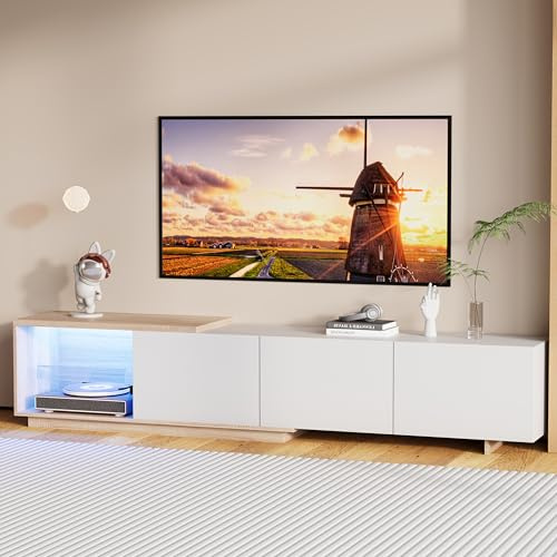 Mueble TV de 240 cm de longitud, mueble de TV moderno con luces LED variables, mueble extensible y moderno con almacenamiento práctico, para sala de estar, dormitorio y pasillo (blanco, 160 x 38 x 44)
