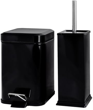 Harbour Housewares Bathroom Bin & Brush Set - Black - 2pc Square Stainless Steel Pedal Bin & Toilet Brush Set Slim Small Trashcan for Kitchen Waste, Bathroom Rubbish