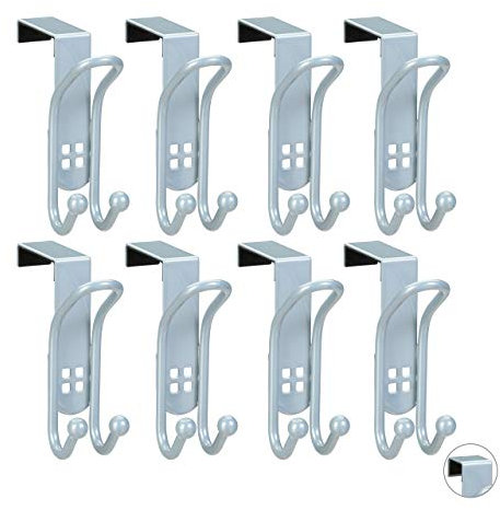 Relaxdays Set of 8 Metal, Double Hooks for Coats or Towels, Size L for Door Thickness of 4.5 cm, Iron, 10 x 3 x 8.5 cm