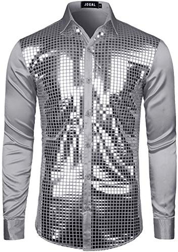 JOGAL Herren Pailletten Hemd 70er Langarm Disco Party Kostüm X-Large Grau