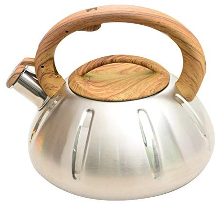 2/3L Litre Whistling Kettle, Stove Top Whistling Kettle with Wood Grain Handle, Kitchen Water Teapot for Gas Stove, Ceramic Stove, Electric and Induction Hob (3L)