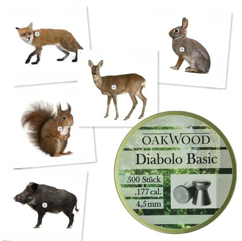 OAKWOOD Set 50 Zielscheiben 14x14cm + 500 Diabolos 4,5mm Spitzkopf oder Flachkopf nach Wahl mit Kugelfang Trichter Verschiedene Varianten für Luftgewehr und Luftpistole (ZS. Wild + Diabo. Basic)