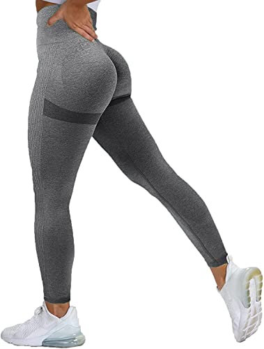 Memoryee Mujer Leggings Sin Costuras Push Up Mallas Pantalones Entrenamiento Correr Deportivos Alta Cintura Elásticos Yoga Fitness/B-Dark Grey/M