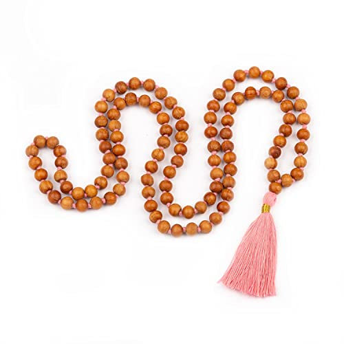 Bodhi Mala Kette mit Sandelholz-Duft und farbiger Quaste in hellrosa, 108 Perlen