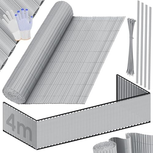 KESSER® PVC Sichtschutzmatte Sichtschutzzaun 100x400cm Balkonverkleidung Windschutz verstärkte Lamellen für Garten Balkon & Terrasse Balkonumrandung inkl Kabelbindern, Abdeckung & Handschuhe Hellgrau