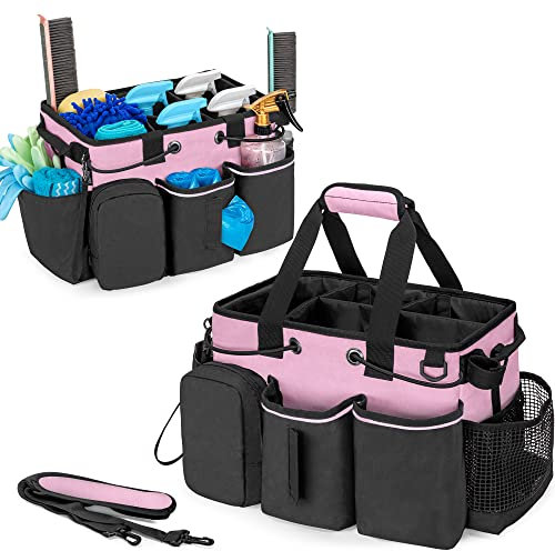 LoDrid Carrito de limpieza profesional grande con divisor desmontable, organizador de suministros con asa y correa para el hombro, bolsas de limpieza para amas de casa y limpiadores, Negro y Rosa